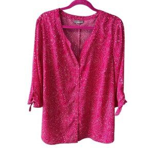 Catherine's Button Up Tunic Blouse Plus Size 1X Pink Floral Scroll Print Casual